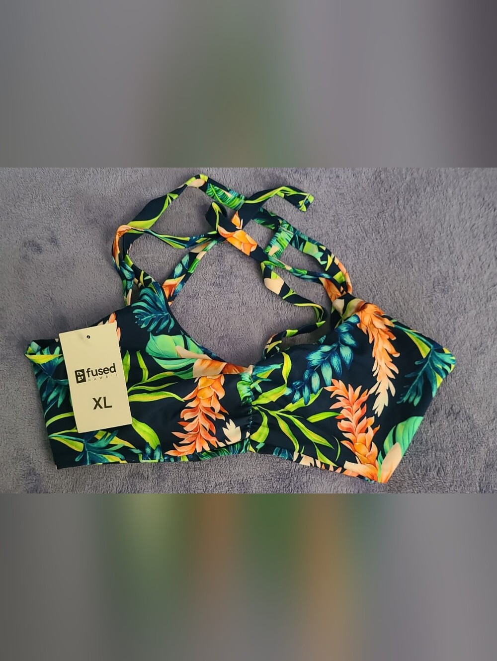 Fused Hawaii  Floral Tropical Bikini Top - Navy with Orange & Green